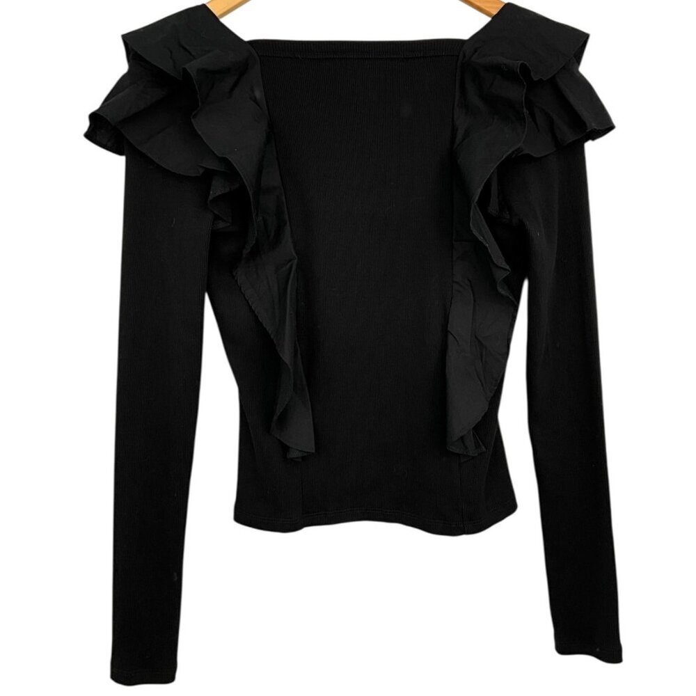 Veronica Beard Gidea Ruffled Top Black Square Neck Ribbed Long Sleeve Size XS - Picture 4 of 8